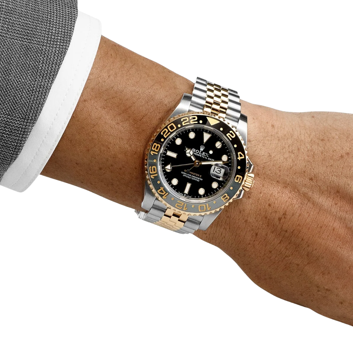 GMT-Master II 40mm Stainless Steel Yellow Gold Black Dial Jubilee 126713GRNR-0001