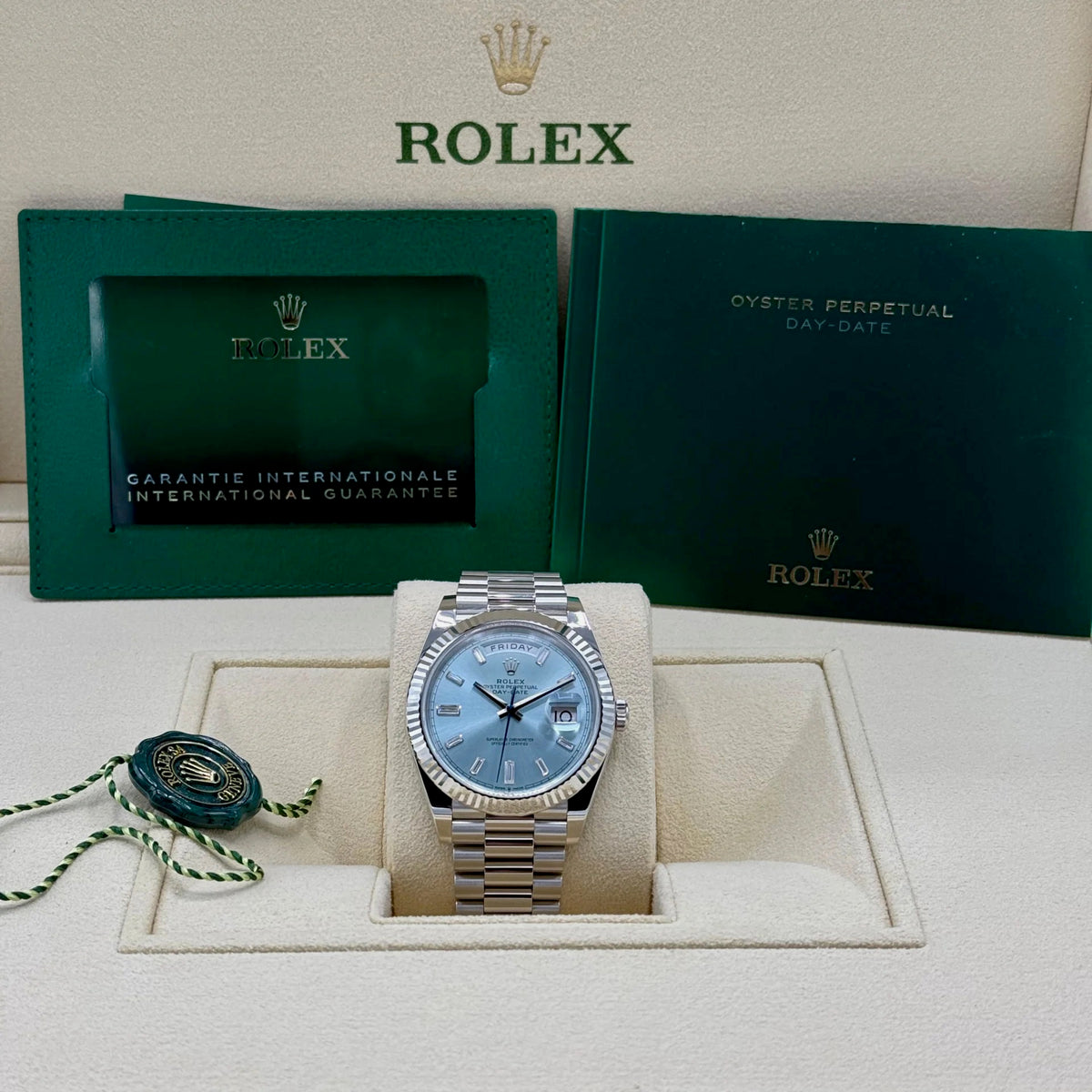 Rolex Day-Date 40mm Platinum President Ice Blue Baguette Dial 228236