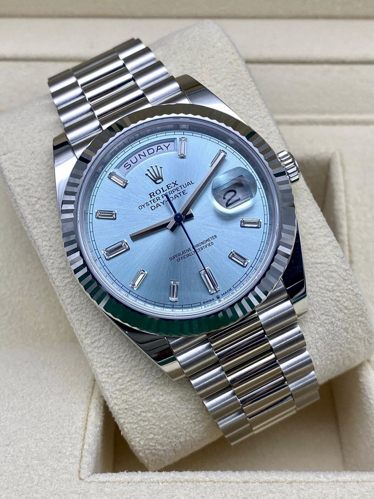 Rolex Day-Date 40mm Platinum President Ice Blue Baguette Dial 228236