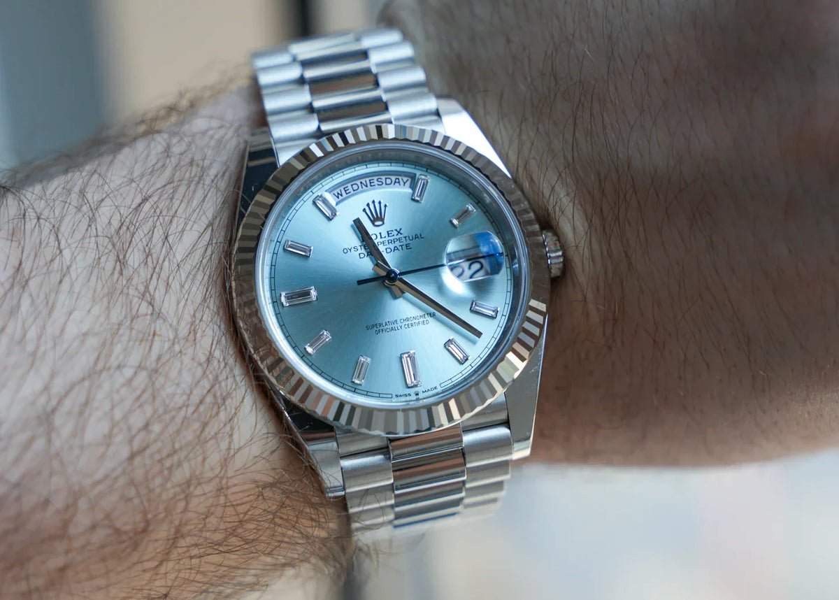 Rolex Day-Date 40mm Platinum President Ice Blue Baguette Dial 228236