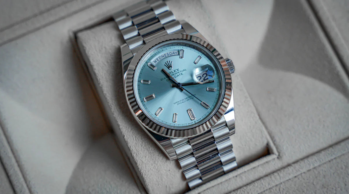 Rolex Day-Date 40mm Platinum President Ice Blue Baguette Dial 228236