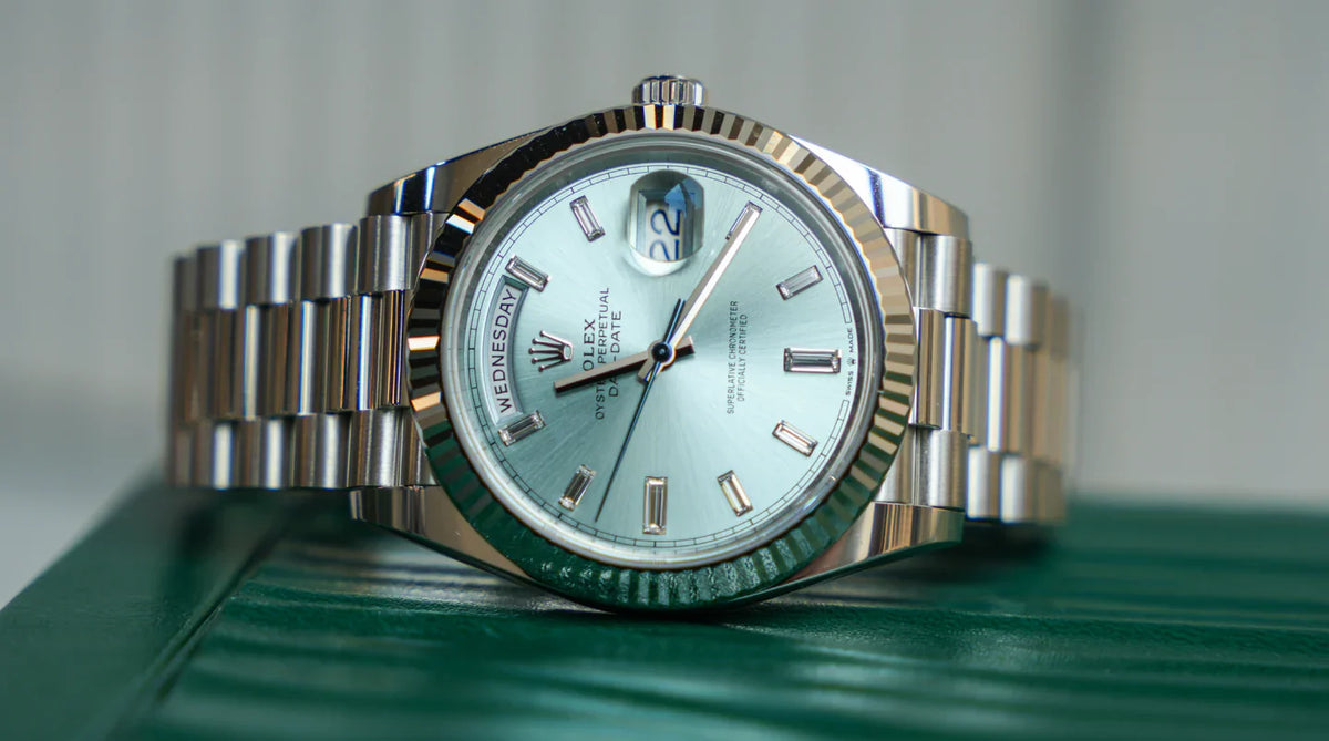 Rolex Day-Date 40mm Platinum President Ice Blue Baguette Dial 228236