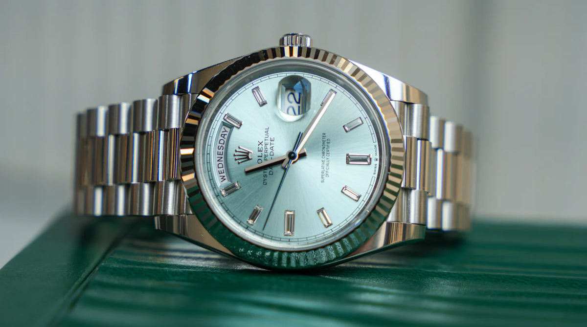 Rolex Day-Date 40mm Platinum President Ice Blue Baguette Dial 228236