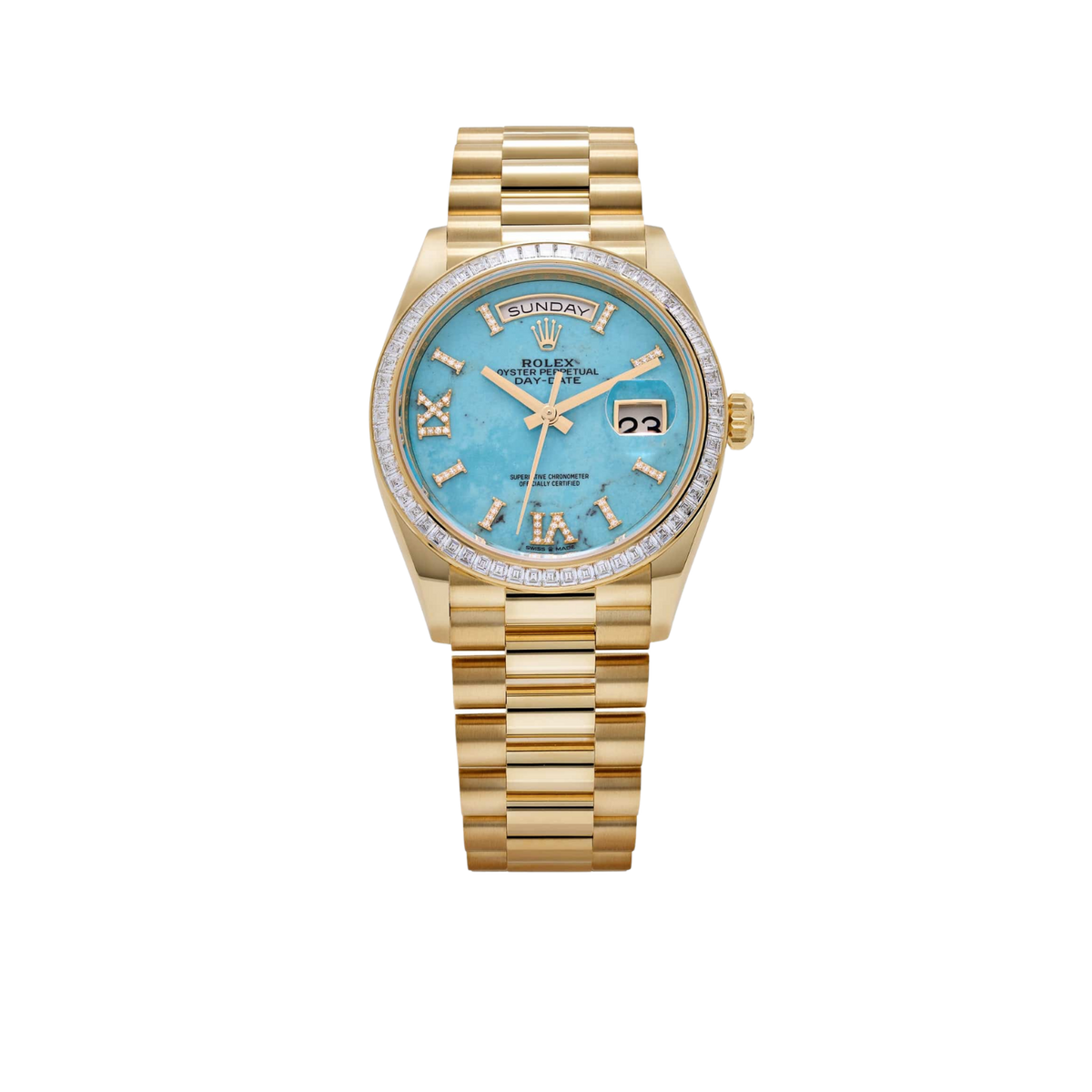 Day-Date 36mm Yellow Gold Turquoise Stone Diamond Roman Numerals Dial Diamond Bezel 128398TBR