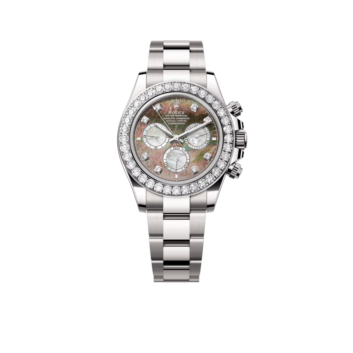 Daytona 40mm Oyster White Gold Black and White Mother of Pearl Diamond Dial & Bezel 126579RBR