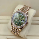 Day-Date President 40mm Everose Gold Olive Green Roman Dial Diamond Bezel - 228345RBR - New 2025