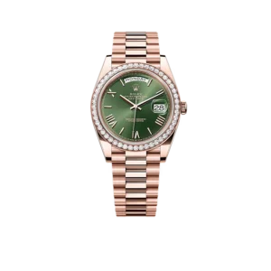 Rolex Day-Date President 40mm Everose Gold Olive Green Roman Dial Diamond Bezel - 228345RBR - New 2025